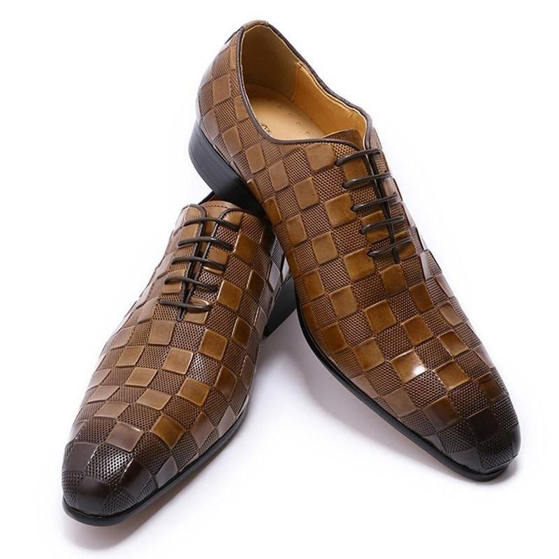 Formale Herrenschuhe Aus Leder Mit Karomuster Und Oxford-schuhen - Kaffee