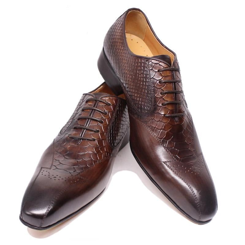 Formale Herrenschuhe Mit Schnürung Und Brogue-schuhen Aus Schlangenleder - Kaffee