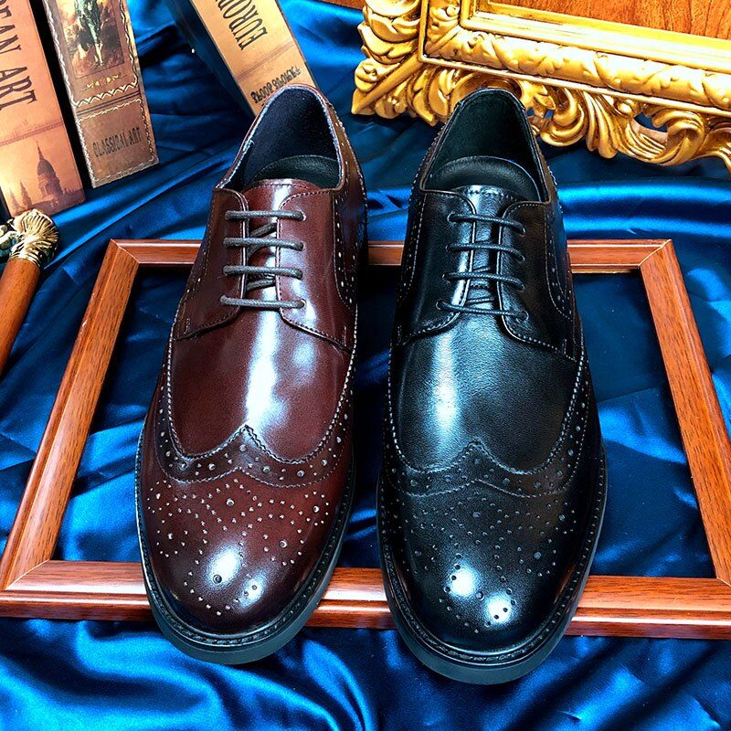 Formale Herrenschuhe Wingtip Luxuriöse Exotische Oxford-brogues Mit Spitzer Zehenpartie - Schwarz