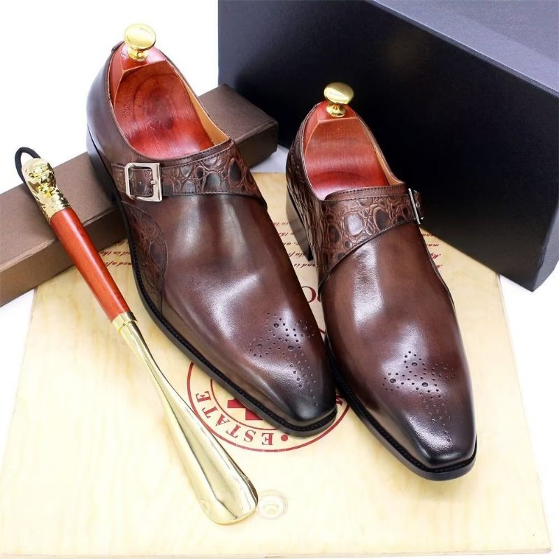 Formelle Herrenschuhe Exquisite Monkstraps-kleiderschuhe Mit Kroko-prägung - Kaffee