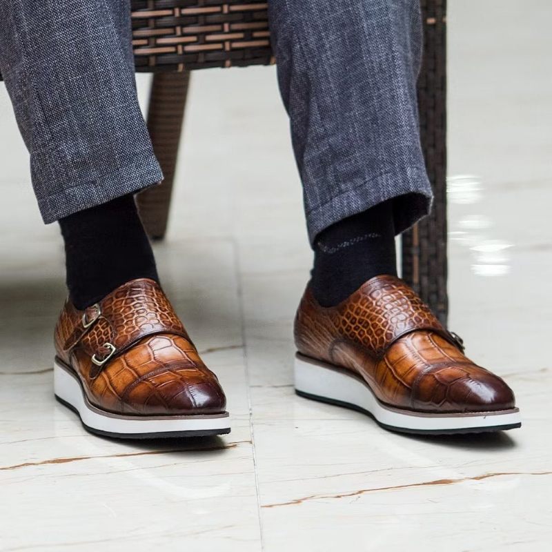 Formelle Herrenschuhe Exquisite Monkstraps Mit Krokodilstruktur - Kaffee