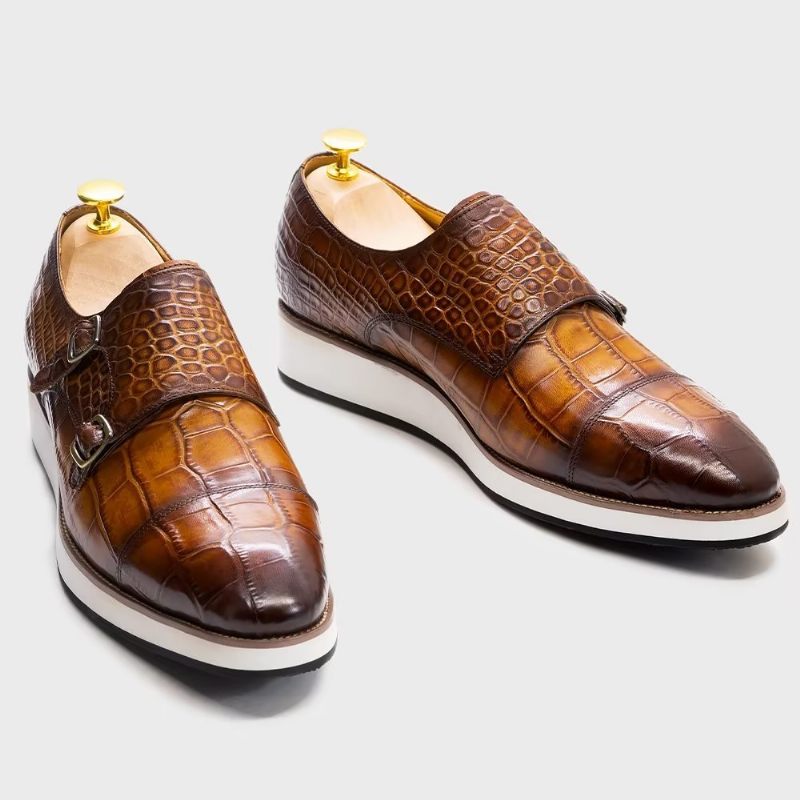 Formelle Herrenschuhe Exquisite Monkstraps Mit Krokodilstruktur - Kaffee