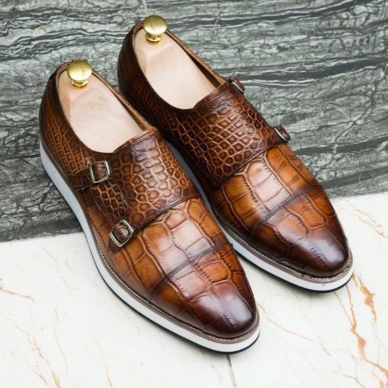 Formelle Herrenschuhe Exquisite Monkstraps Mit Krokodilstruktur - Kaffee