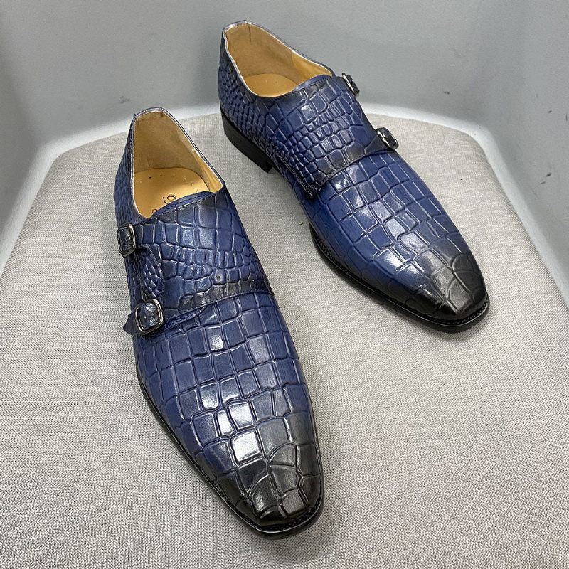 Formelle Herrenschuhe Luxuriöse Crocstride-mönchsriemen-kleiderschuhe Mit Quadratischer Zehenpartie - Blau