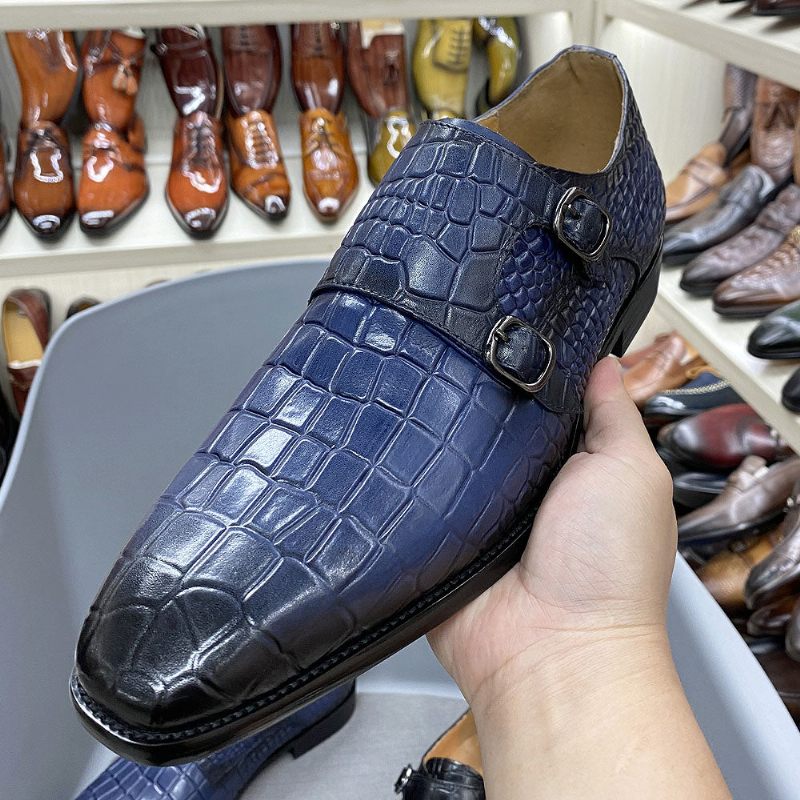 Formelle Herrenschuhe Luxuriöse Crocstride-mönchsriemen-kleiderschuhe Mit Quadratischer Zehenpartie - Blau