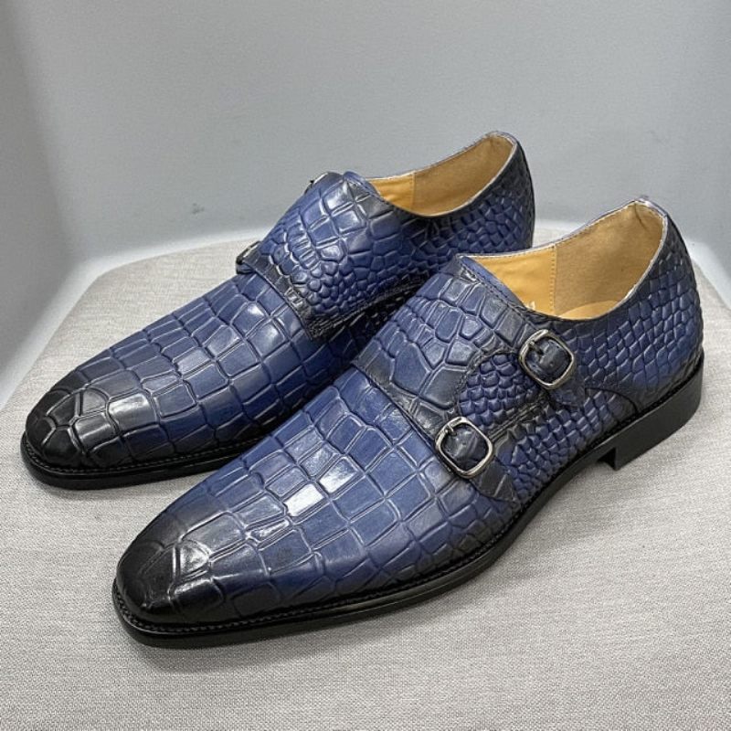 Formelle Herrenschuhe Luxuriöse Crocstride-mönchsriemen-kleiderschuhe Mit Quadratischer Zehenpartie - Blau