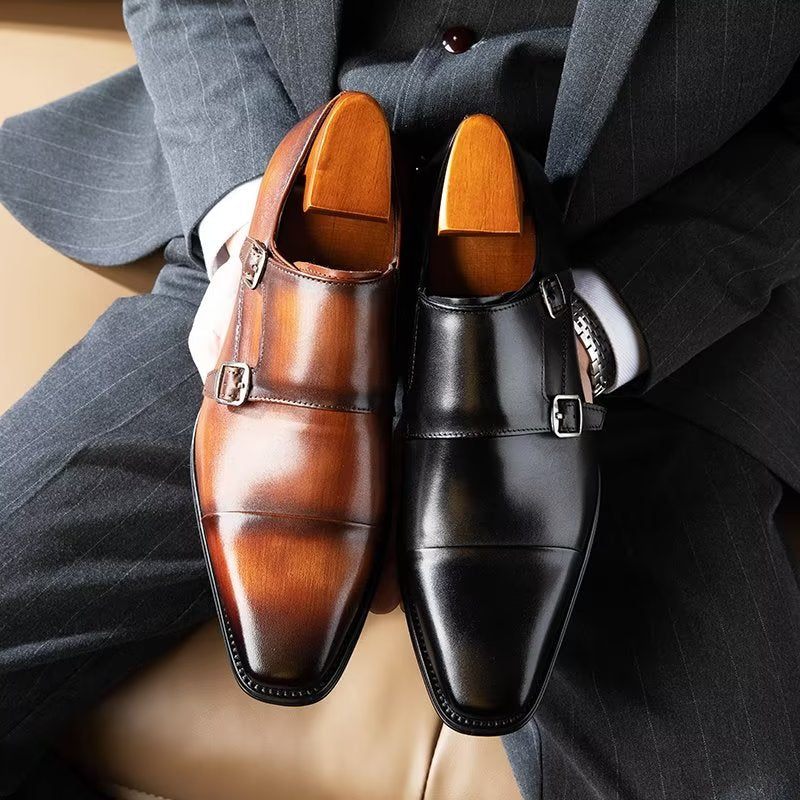 Formelle Herrenschuhe Slip-on-monkstraps Aus Raffiniertem Leder - Schwarz