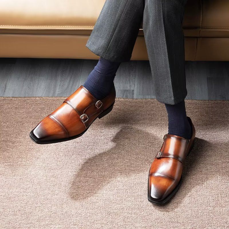 Formelle Herrenschuhe Slip-on-monkstraps Aus Raffiniertem Leder - Kaffee