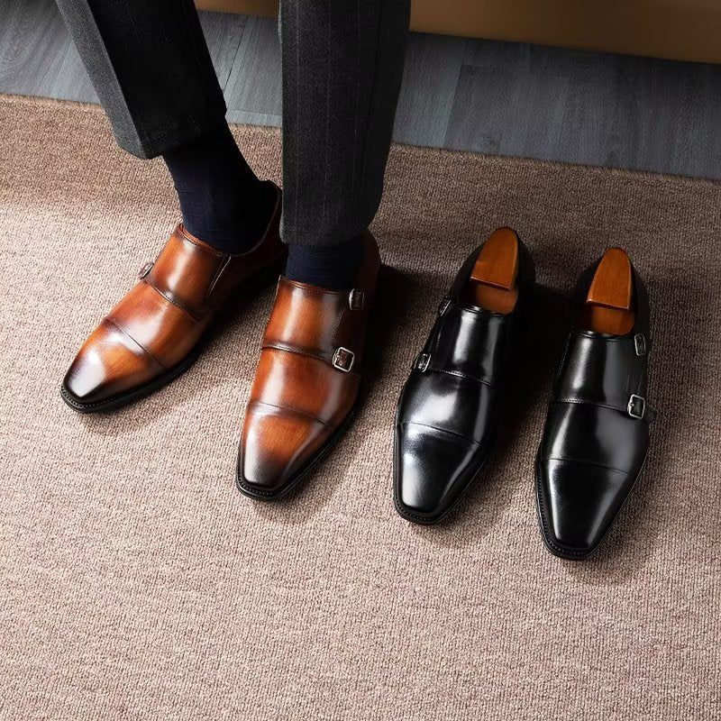 Formelle Herrenschuhe Slip-on-monkstraps Aus Raffiniertem Leder - Kaffee