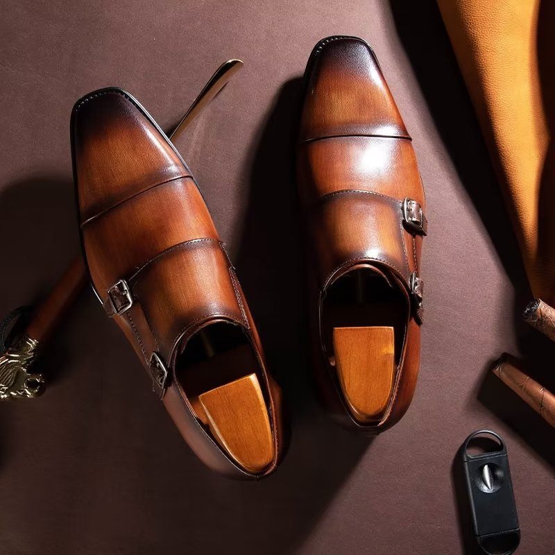 Formelle Herrenschuhe Slip-on-monkstraps Aus Raffiniertem Leder - Kaffee