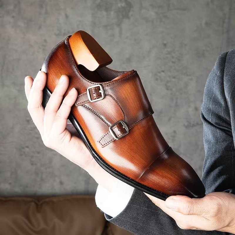 Formelle Herrenschuhe Slip-on-monkstraps Aus Raffiniertem Leder - Kaffee