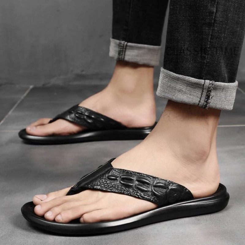 Herren-freizeitschuhe Echtes Leder Krokodilstruktur Flip-flop-sandalen - Schwarz