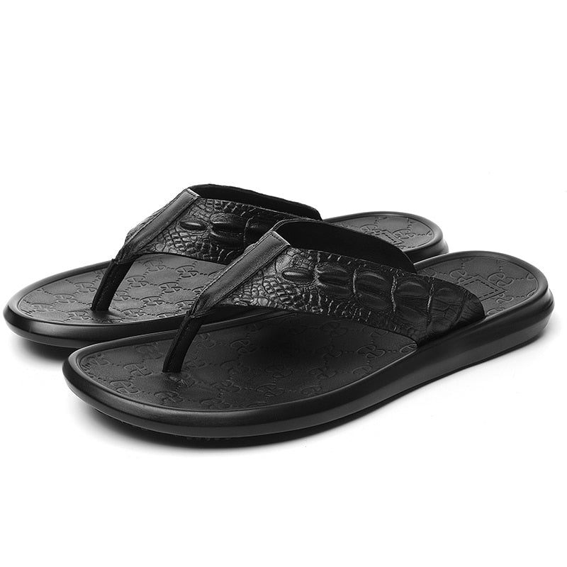 Herren-freizeitschuhe Echtes Leder Krokodilstruktur Flip-flop-sandalen - Schwarz