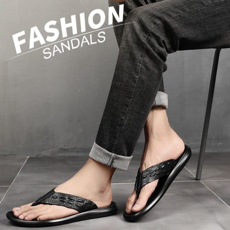 Herren-freizeitschuhe Echtes Leder Krokodilstruktur Flip-flop-sandalen - Schwarz