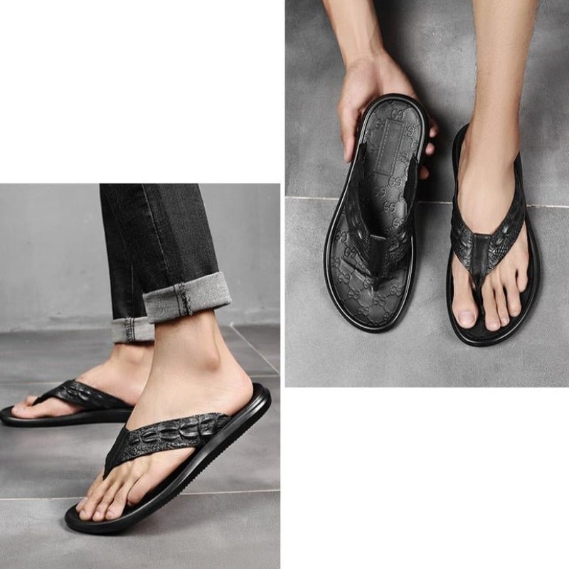 Herren-freizeitschuhe Echtes Leder Krokodilstruktur Flip-flop-sandalen - Schwarz