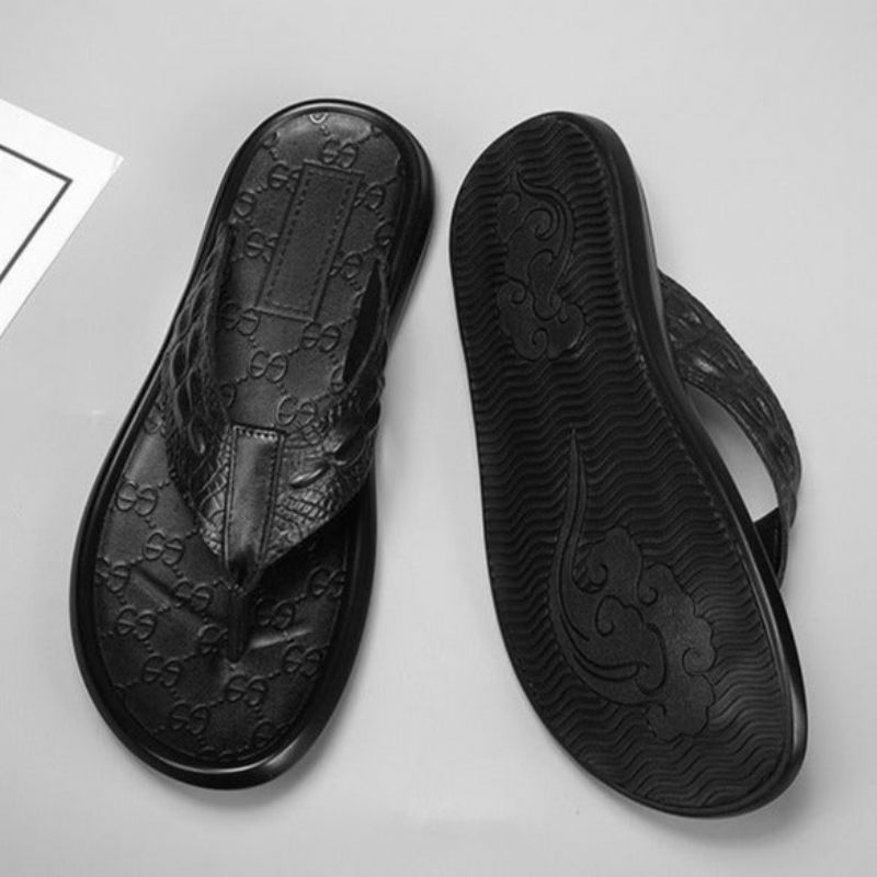 Herren-freizeitschuhe Echtes Leder Krokodilstruktur Flip-flop-sandalen - Schwarz