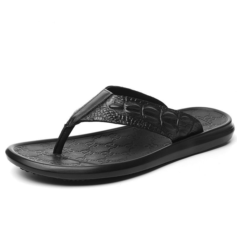 Herren-freizeitschuhe Echtes Leder Krokodilstruktur Flip-flop-sandalen - Schwarz