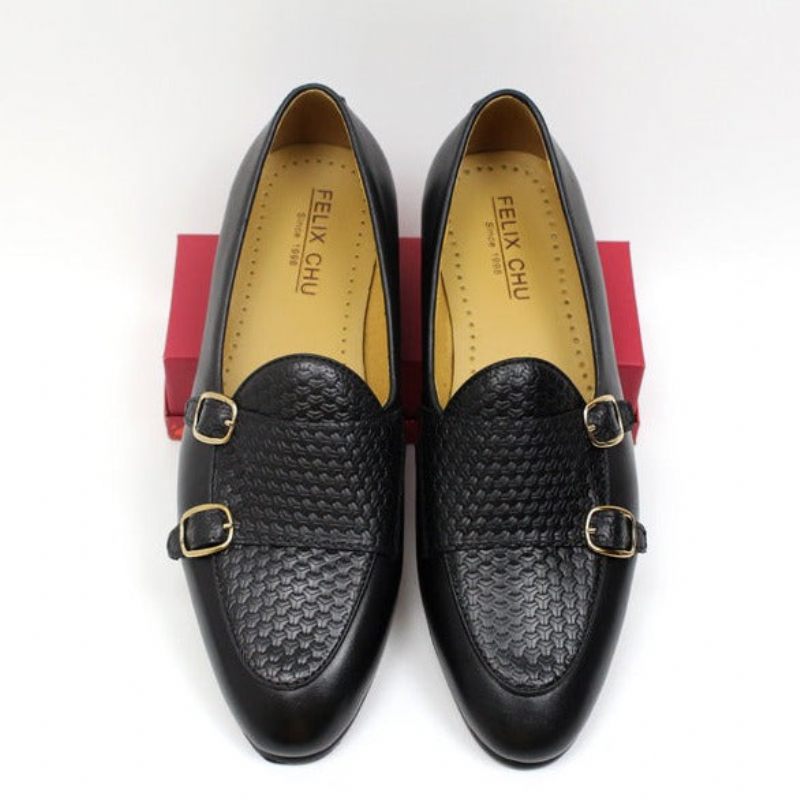 Herren-loafer Elegante Hochzeits-loafer Aus Leder Mit Monk-riemen - Schwarz