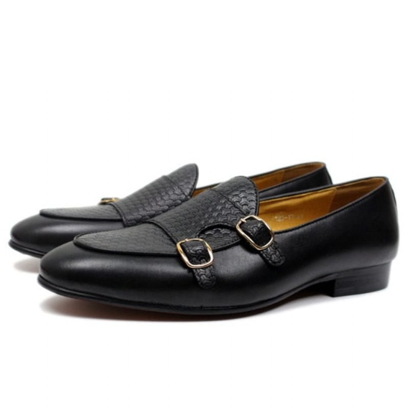 Herren-loafer Elegante Hochzeits-loafer Aus Leder Mit Monk-riemen - Schwarz