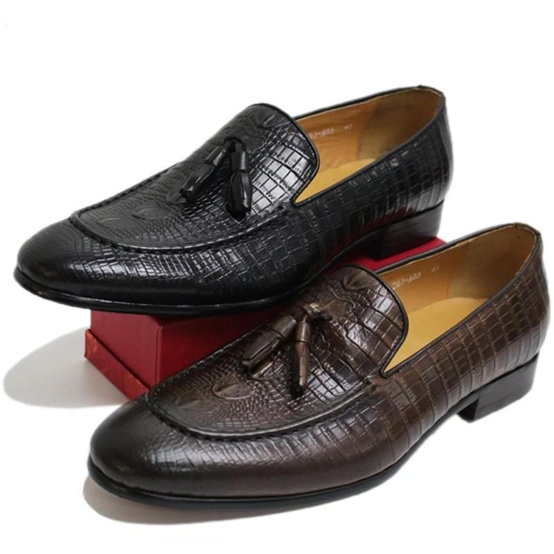 Herren-loafer Luxuriöse Loafer Aus Krokodilleder Mit Quasten - Schwarz