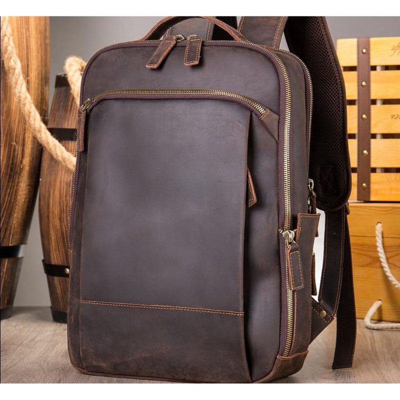 Herren-rucksäcke Vintage-luxus-leder-laptop-reise-tagesrucksack - Kaffee