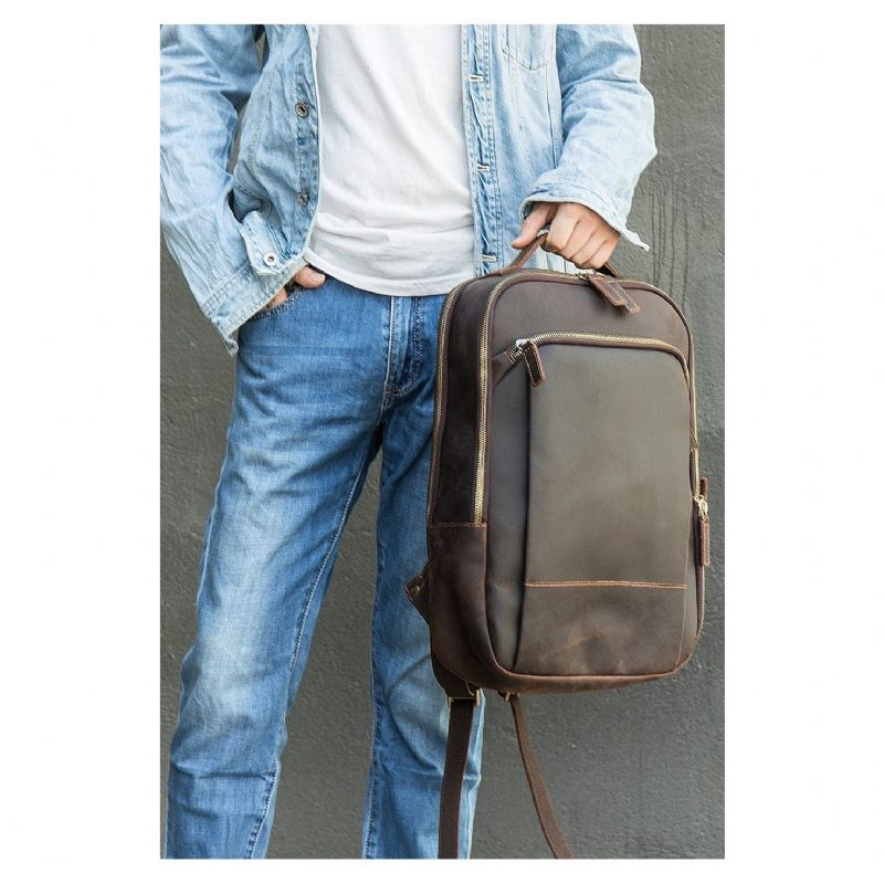 Herren-rucksäcke Vintage-luxus-leder-laptop-reise-tagesrucksack - Kaffee