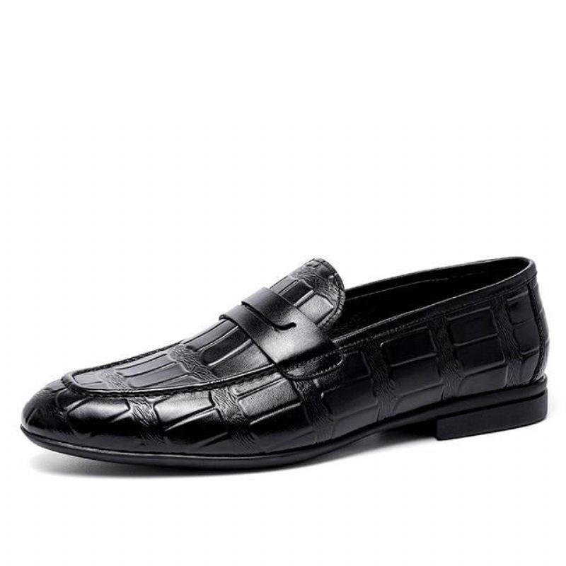 Herren-slipper Aus Echtem Leder Mit Geprägter Slip-on-eleganz - Schwarz