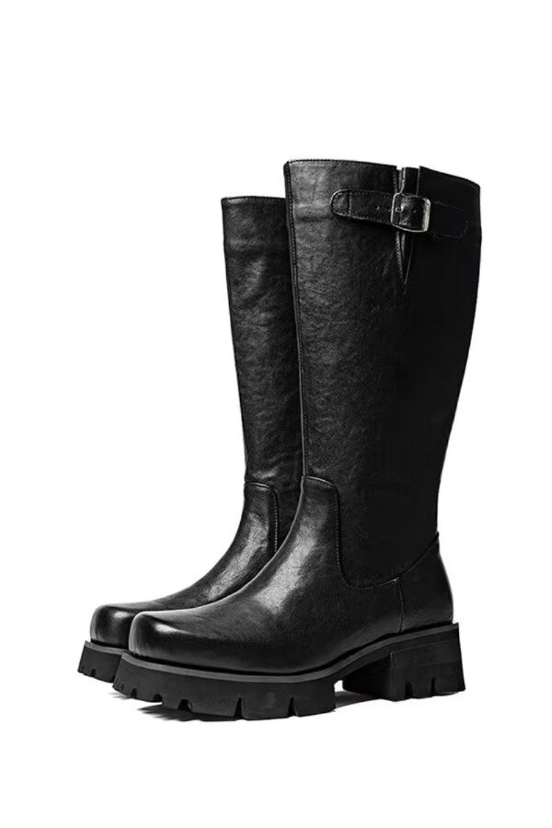 Herrenstiefel Aus Leder Mit Runder Spitze - Schwarz