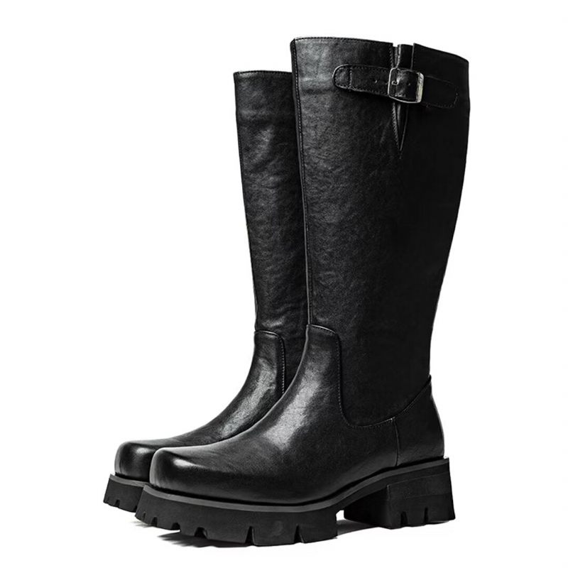 Herrenstiefel Aus Leder Mit Runder Spitze - Schwarz