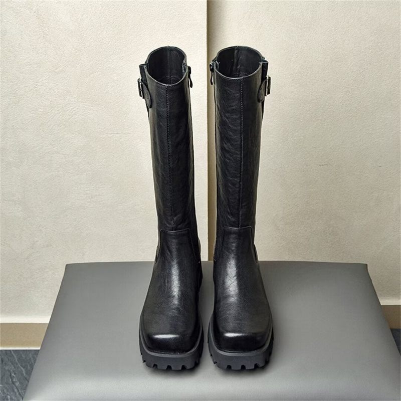 Herrenstiefel Aus Leder Mit Runder Spitze - Schwarz