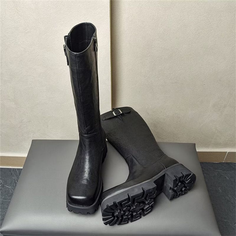 Herrenstiefel Aus Leder Mit Runder Spitze - Schwarz