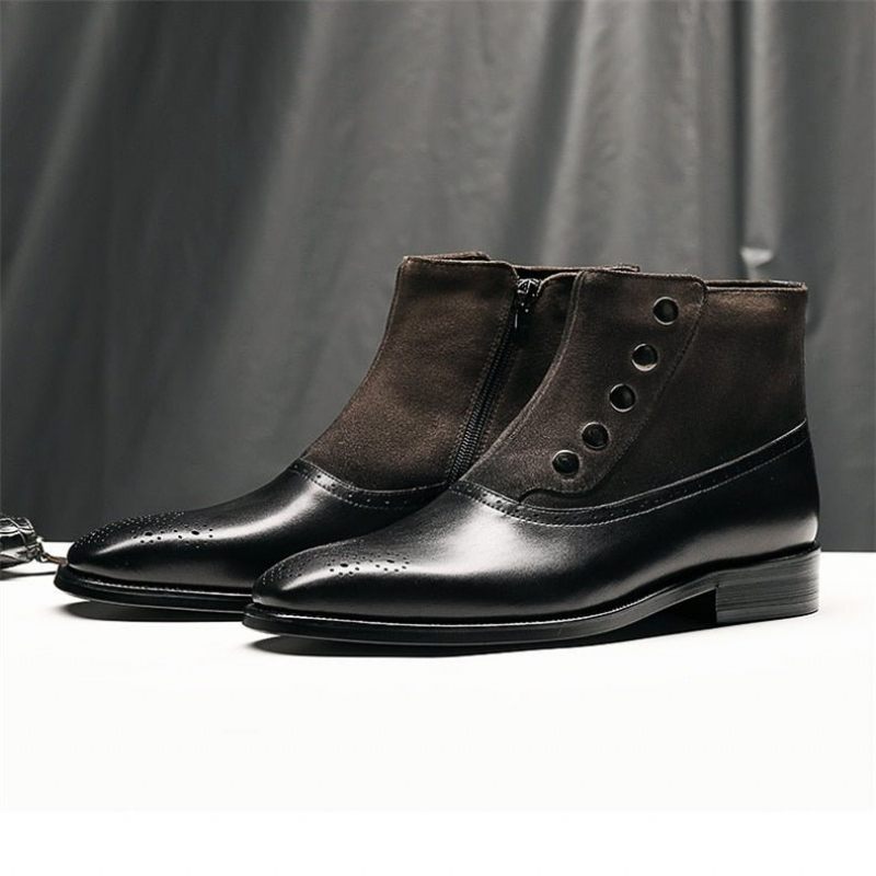 Herrenstiefel Chelsea-brogue-stiefeletten Aus Echtem Rindsleder - Schwarz