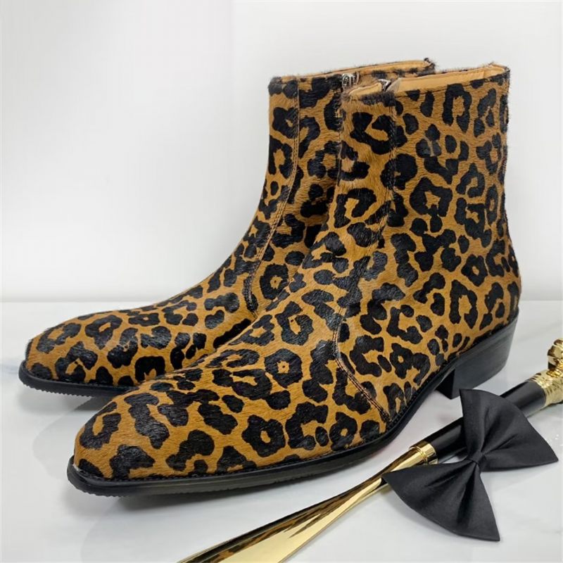 Herrenstiefel Echte Stiefeletten Mit Spitzer Spitze - Leopard