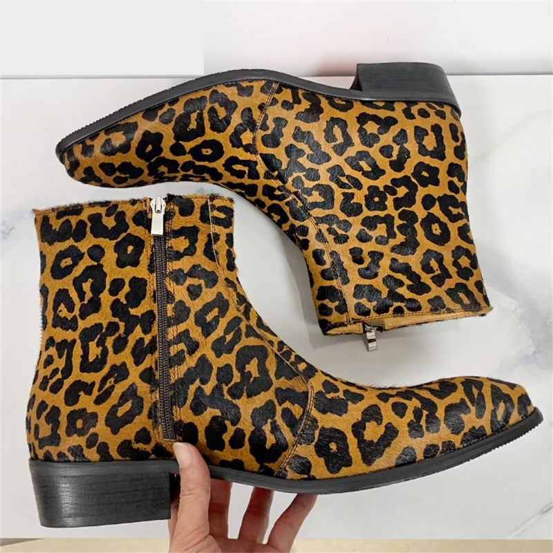 Herrenstiefel Echte Stiefeletten Mit Spitzer Spitze - Leopard