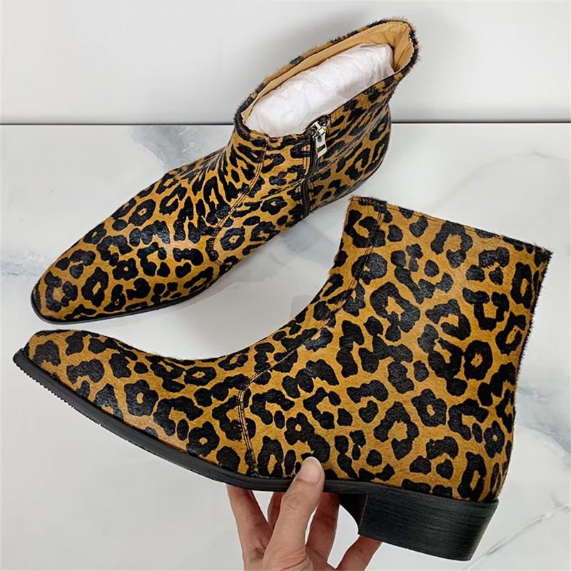 Herrenstiefel Echte Stiefeletten Mit Spitzer Spitze - Leopard