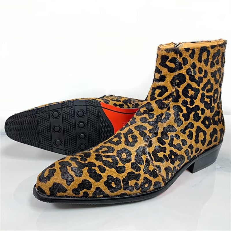 Herrenstiefel Echte Stiefeletten Mit Spitzer Spitze - Leopard