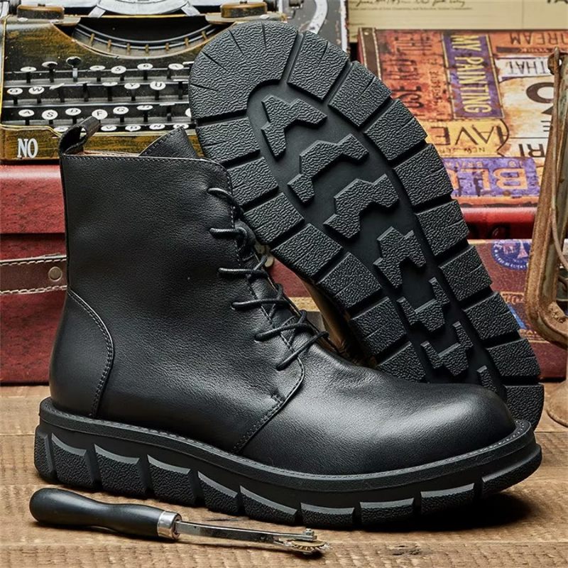 Herrenstiefel Elegante Stiefeletten Aus Rindsleder Mit Schnürung Und Schnalle - Schwarz