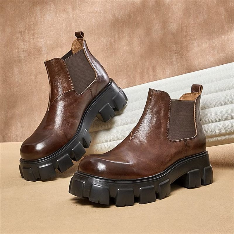 Herrenstiefel Elegante Vintage-martin-stiefel Aus Rindsleder Mit Kurzem Reißverschluss - Braun