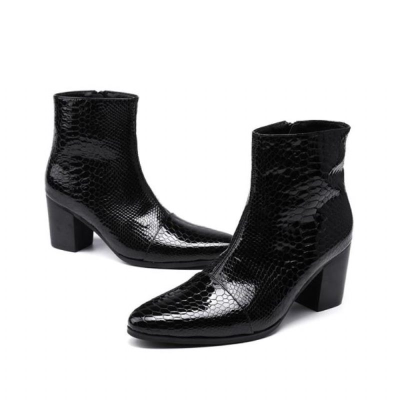 Herrenstiefel Glossy Serpent Pointed Captoe Elevator Ankle Boots - Schwarz