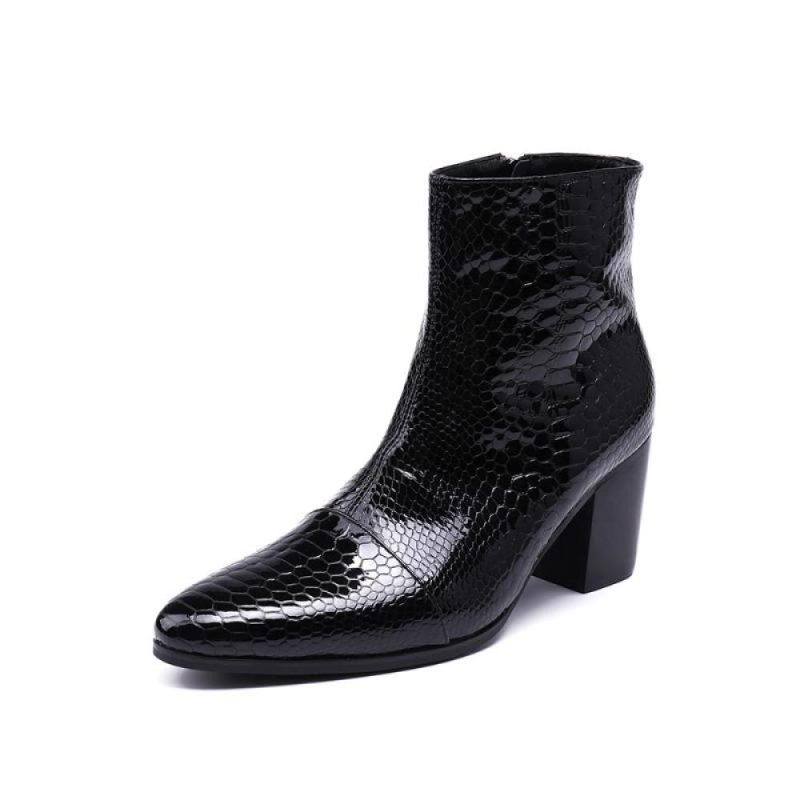 Herrenstiefel Glossy Serpent Pointed Captoe Elevator Ankle Boots - Schwarz