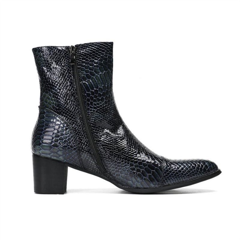 Herrenstiefel Glossy Serpent Pointed Captoe Elevator Ankle Boots - Blau