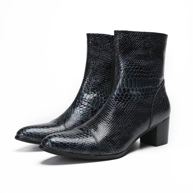 Herrenstiefel Glossy Serpent Pointed Captoe Elevator Ankle Boots - Blau