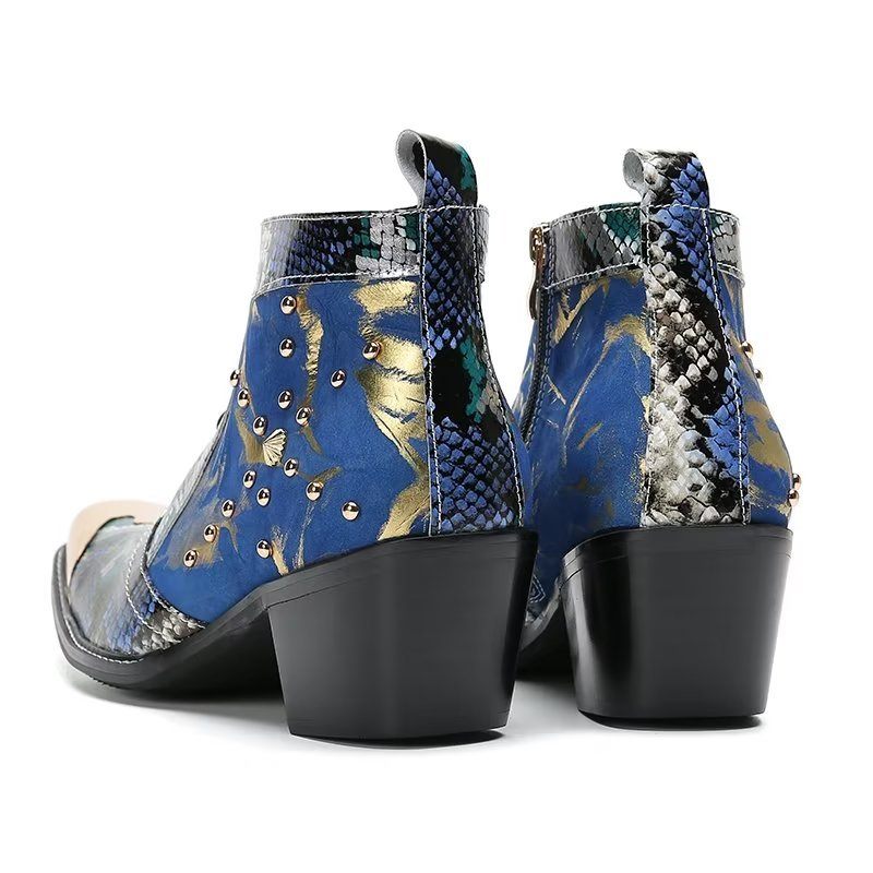 Herrenstiefel Luxuriöse Exotische Echtleder-kleiderstiefel Mit Quadratischer Zehenpartie - Blau