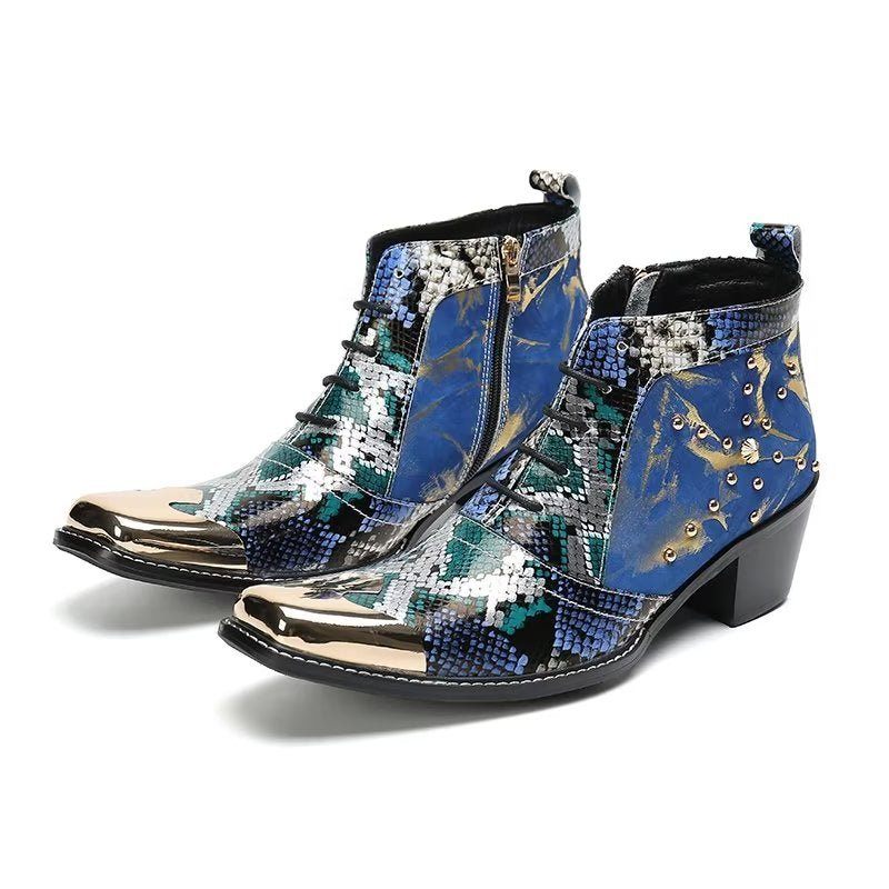 Herrenstiefel Luxuriöse Exotische Echtleder-kleiderstiefel Mit Quadratischer Zehenpartie - Blau