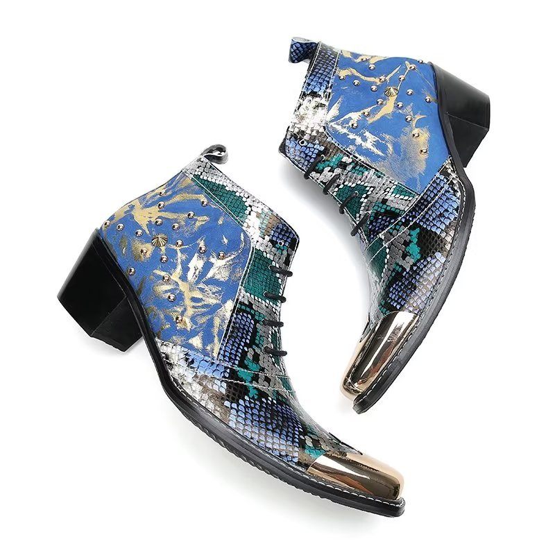 Herrenstiefel Luxuriöse Exotische Echtleder-kleiderstiefel Mit Quadratischer Zehenpartie - Blau