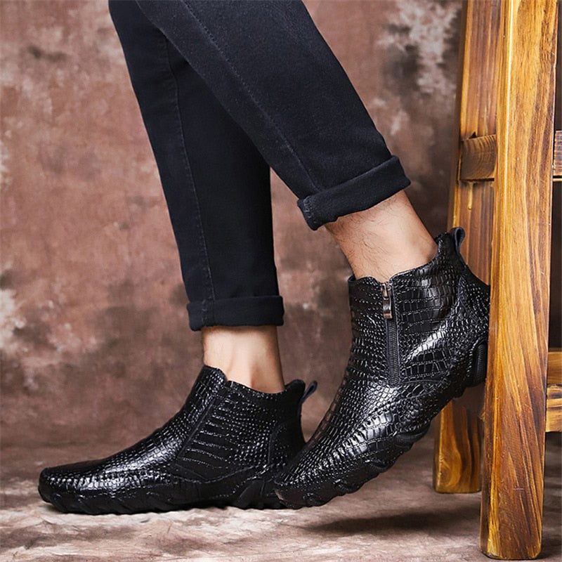 Herrenstiefel Luxuriöse Slip-on-stiefeletten Aus Britischem Alligatorleder - Schwarz