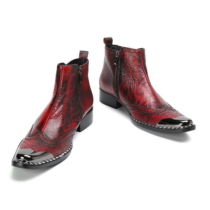 Herrenstiefel Luxus-kleiderstiefel Aus Echtem Leder Mit Kroko-textur - Rot