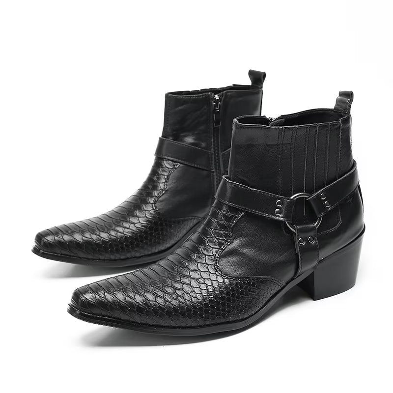 Herrenstiefel Luxus Serpent Party-stiefeletten Aus Schwarzem Leder - Schwarz