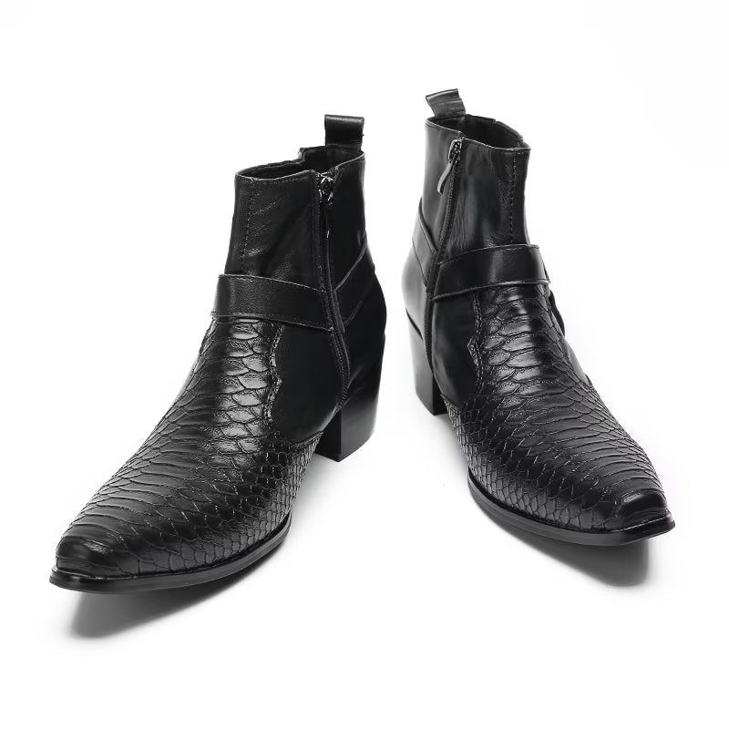 Herrenstiefel Luxus Serpent Party-stiefeletten Aus Schwarzem Leder - Schwarz