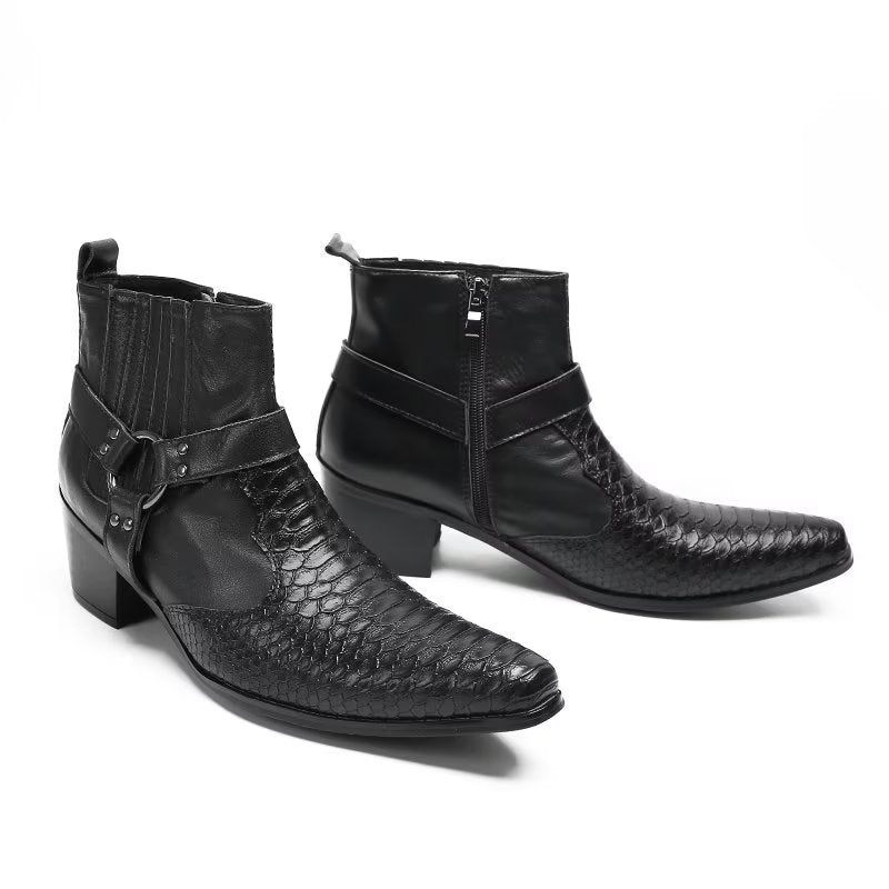 Herrenstiefel Luxus Serpent Party-stiefeletten Aus Schwarzem Leder - Schwarz